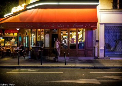 bistro photographed on a warm May night in Paris