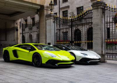Lamborghini's parked in the court of a London hotel