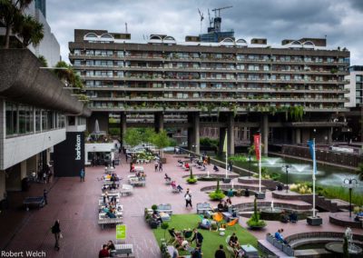 outdoor plaza and facade of London's famed Barbican art museum