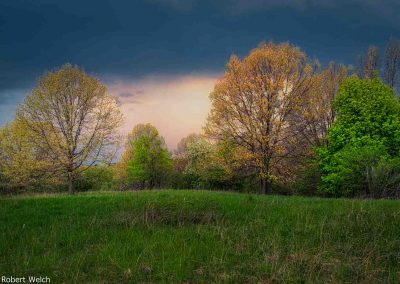 "uphill view across a pasture in springtime with storm clouds"