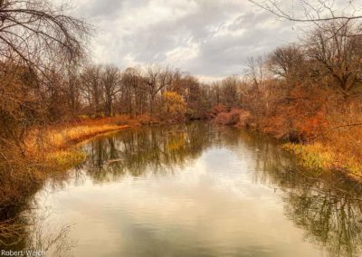 "late autumn view of Red Creek, Rochester, on overcast day"
